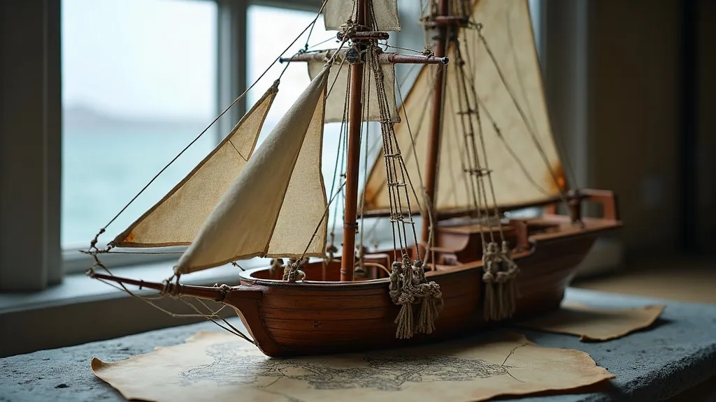 Maquette en bois d'un voilier gréé de voiles claires et de cordages, posée sur une carte ancienne près d'une fenêtre.