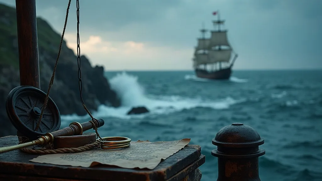 Compas et carte marine sur le pont, navire à voiles visible au large entre falaises rocheuses et océan agité.