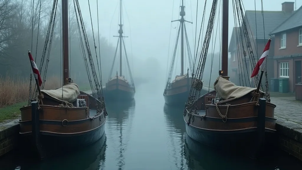 Deux bateaux traditionnels amarrés dans un canal anglais brumeux, avec des écluses en arrière-plan et des bâtiments en brique rouge sur la rive.