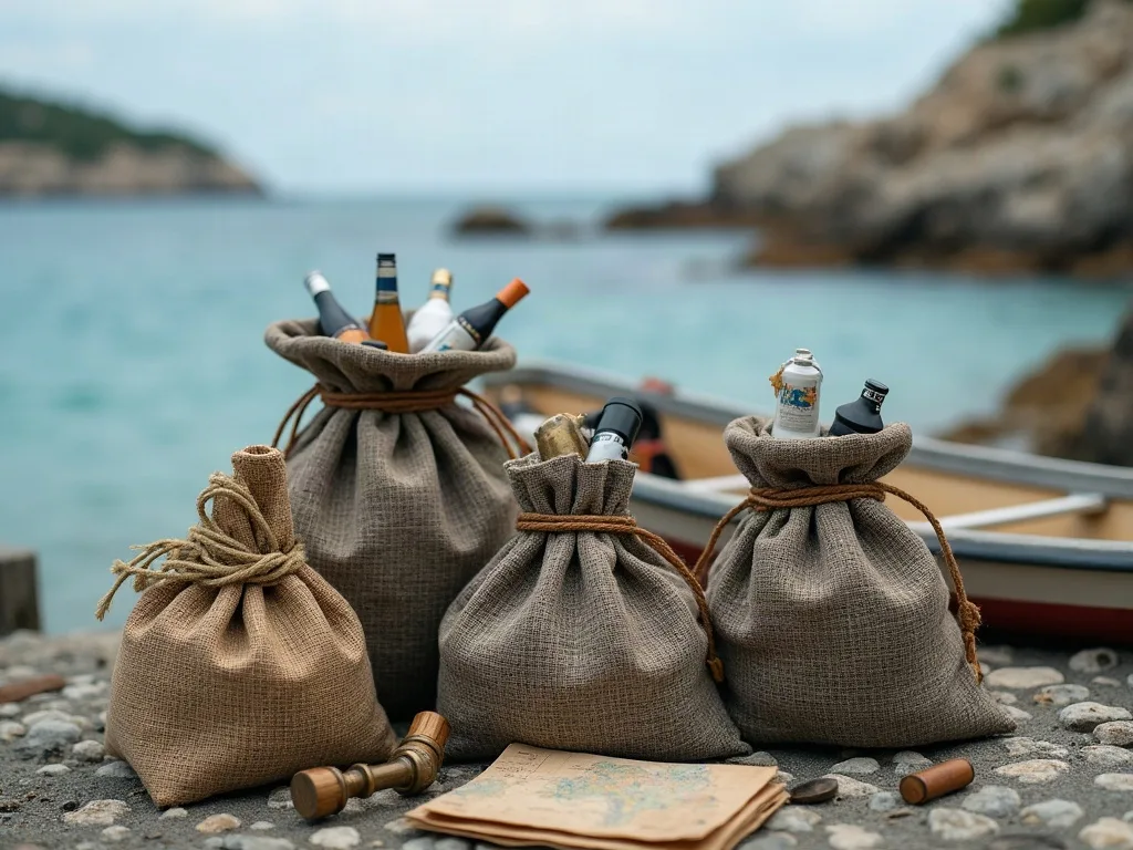 Quatre sacs de toile remplis de bouteilles ramassées, posés sur les galets d'une calanque près d'une barque.