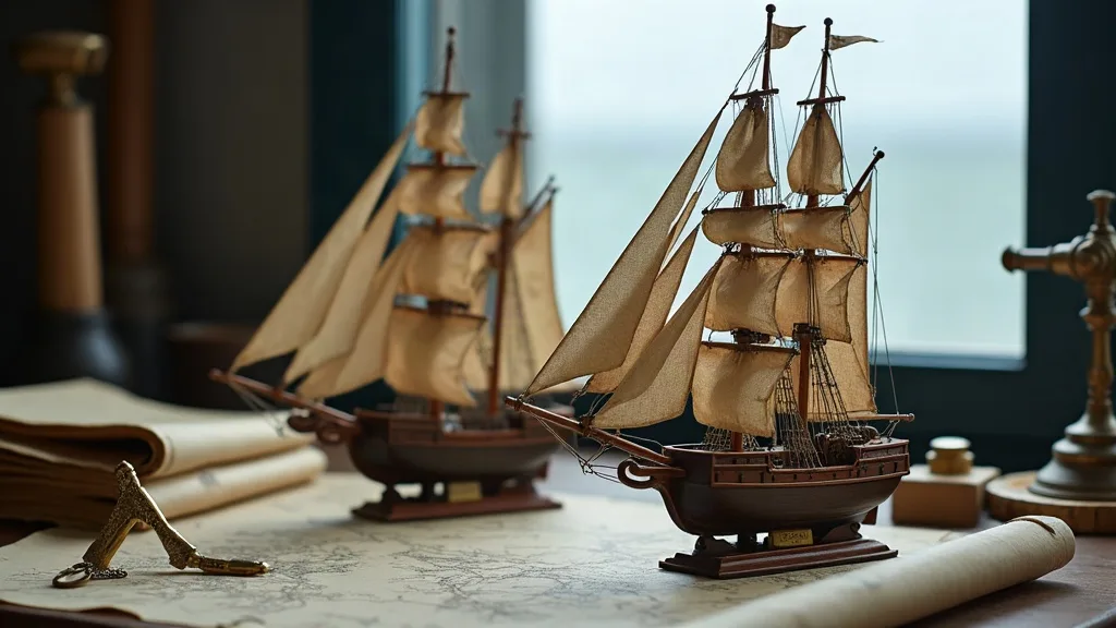 Deux maquettes de frégates à voiles de toile écrue posées sur une carte marine, près d'un compas de laiton.
