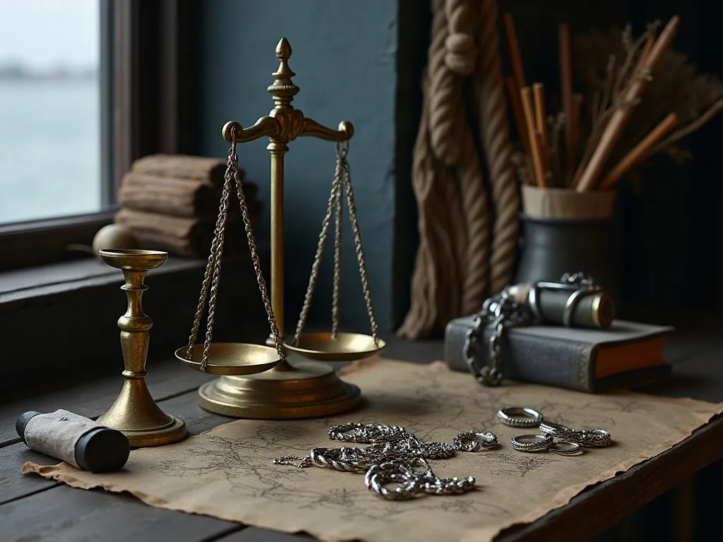 Balance en laiton, chandelier et chaînes d'argent posés sur un papier ancien: l'argenterie s'estimait au poids.