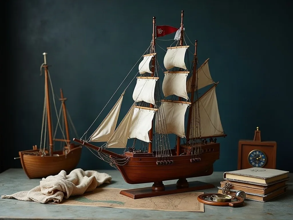 Trois-mâts carré en bois gréé de voiles écrues, beaupré et haubans fins, posé sur socle près d'une carte marine.
