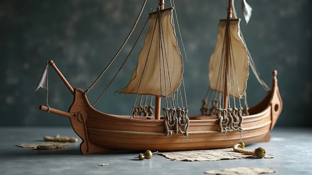 Maquette en bois d'un navire antique à coque basse et effilée, voiles de toile écrue et gréement en cordelette, posée sur une table grise.