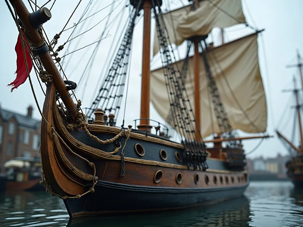 Coque noire et beaupré gréé de cordages au premier plan, un trois-mâts aux voiles claires mouillé derrière, dans un port brumeux.