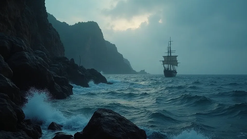 Voilier à l'horizon d'une côte rocheuse battue par les vagues sous un ciel nuageux.