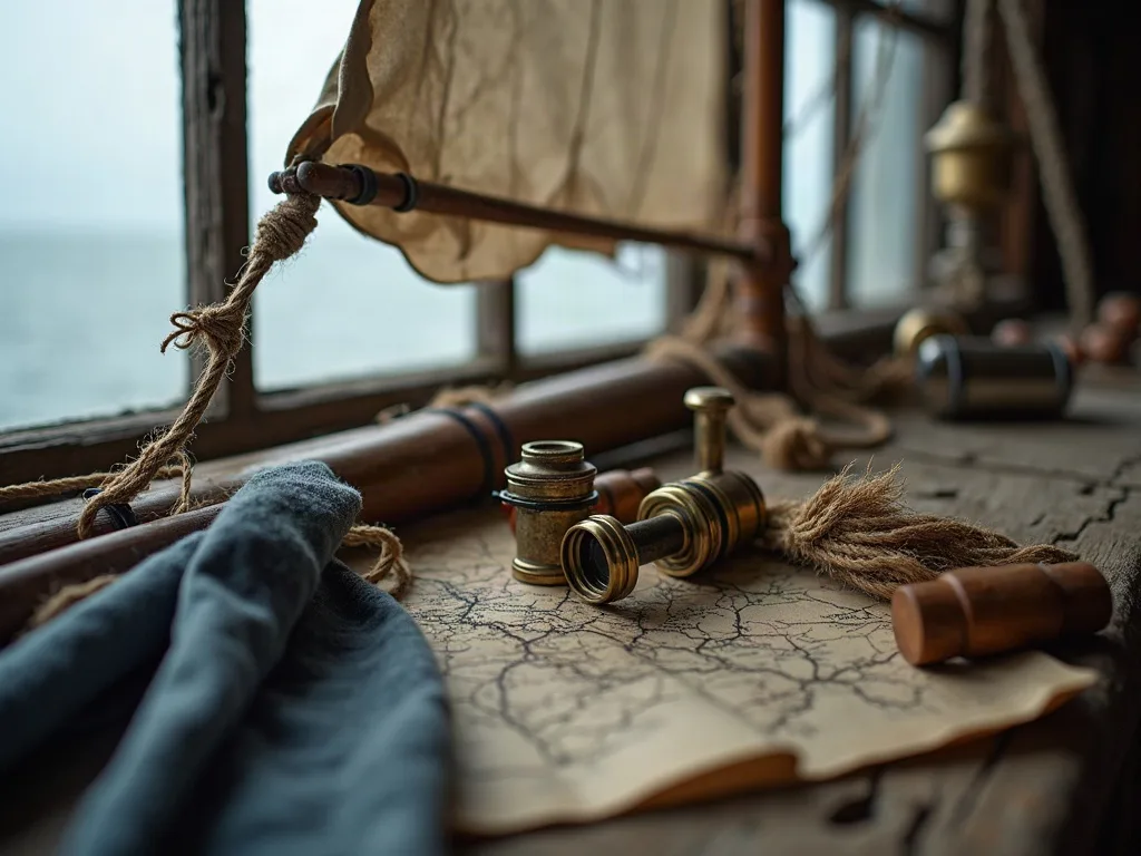 Longue-vue en laiton, cordage en chanvre et carte marine posés sur une table en bois près d'une fenêtre donnant sur la mer.