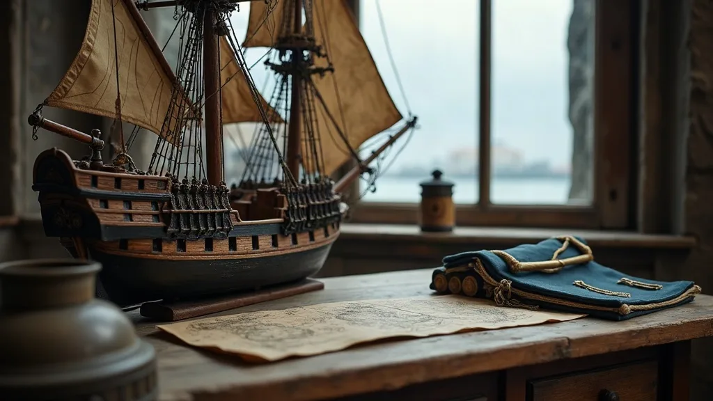 Maquette de frégate à voiles carrées et coque sombre posée près d'une carte ancienne et d'une veste bleue, devant une fenêtre donnant sur la mer.