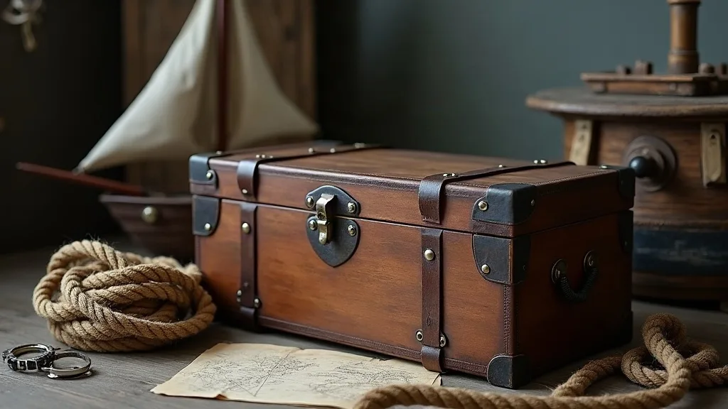 Coffre de bord en bois brun, sangles de cuir et loquet en laiton, posé sur un plancher près d'un cordage.