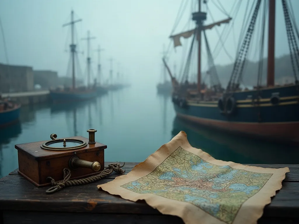 Boussole en bois et carte ancienne sur un quai face aux voiliers ancrés dans le port brumeux.