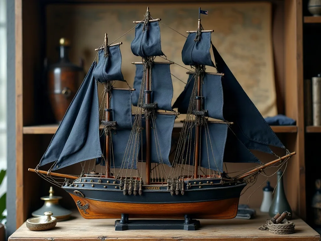 Maquette de trois-mâts à coque noire et voiles sombres, posée sur son socle devant une carte ancienne.