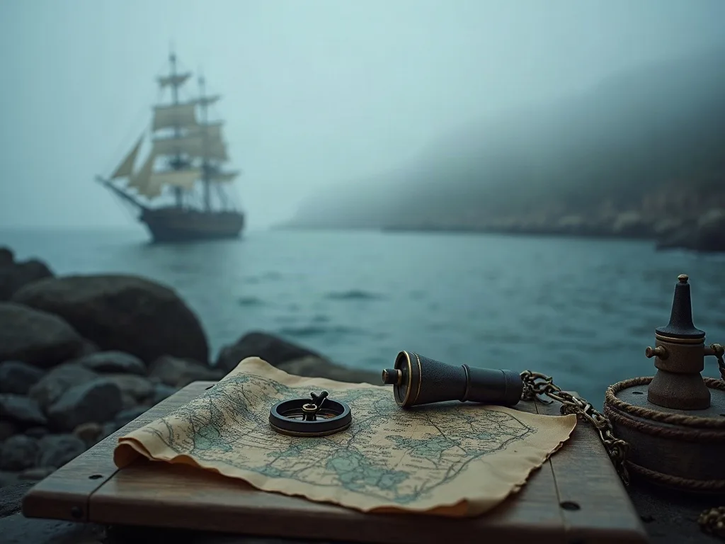 Carte ancienne, compas et télescope posés sur un rocher avec un navire à voiles à l'horizon dans le brouillard.