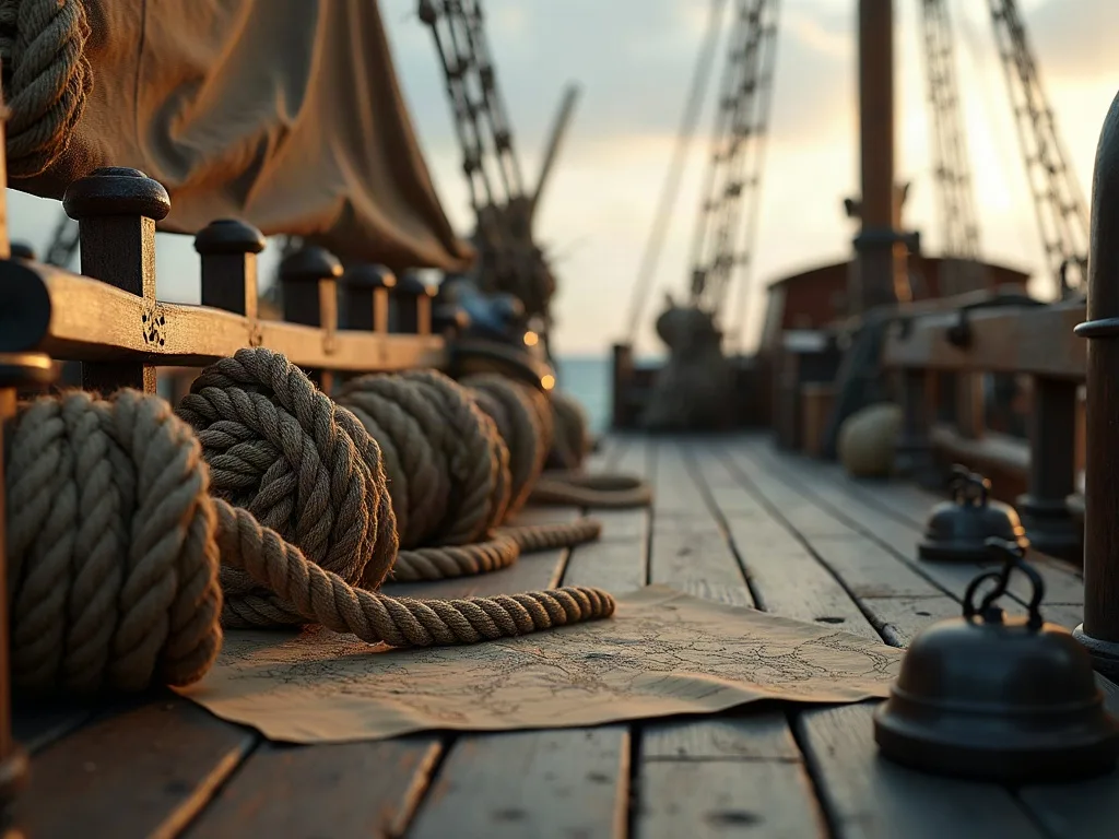 Cordages épais enroulés sur le pont de bois usé d'un navire ancien au coucher de soleil.