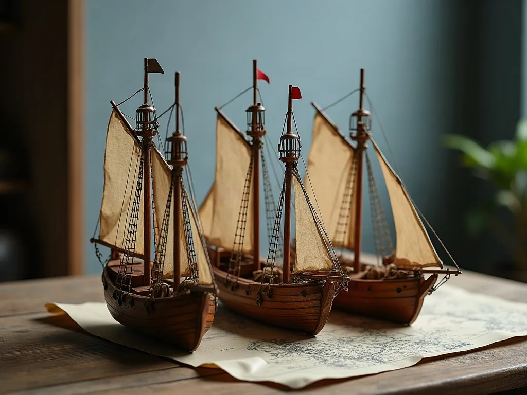 Trois maquettes de voiliers en bois alignées sur une carte marine, voiles de toile écrue et petits pavillons rouges.