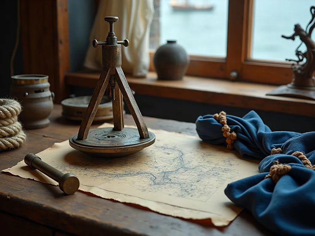 Instrument de laiton à trois pieds posé sur une carte marine usée, près d'un tissu bleu et d'un cordage lové.