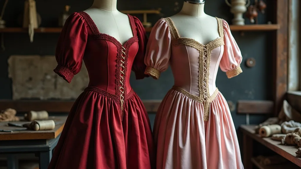 Deux robes d'époque sur mannequins de couturier, l'une rouge profond, l'autre rose à galons dorés, corsages lacés et jupes longues.