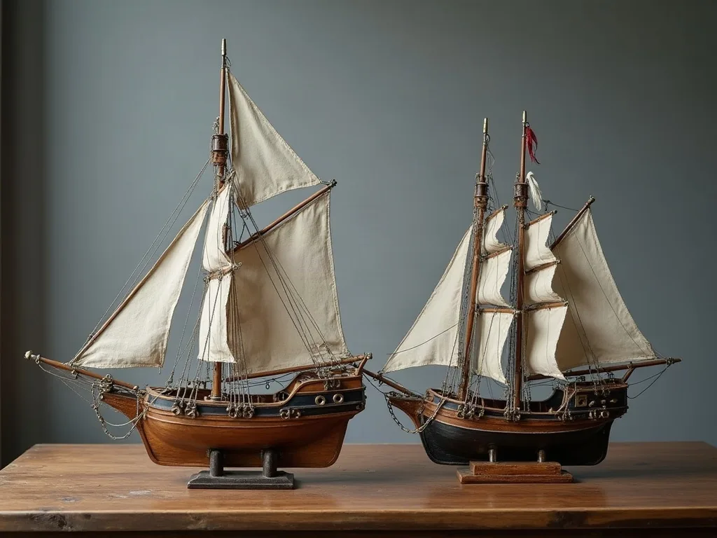 Nombre de mâts et largeur de coque: deux maquettes côte à côte sur socles, table en bois clair.