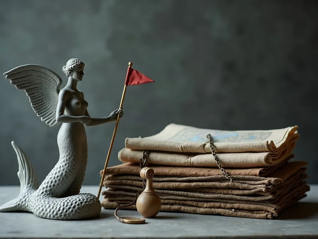 Figurine de pierre à ailes et queue de poisson tenant un fanion rouge, près d'une pile de toiles pliées.