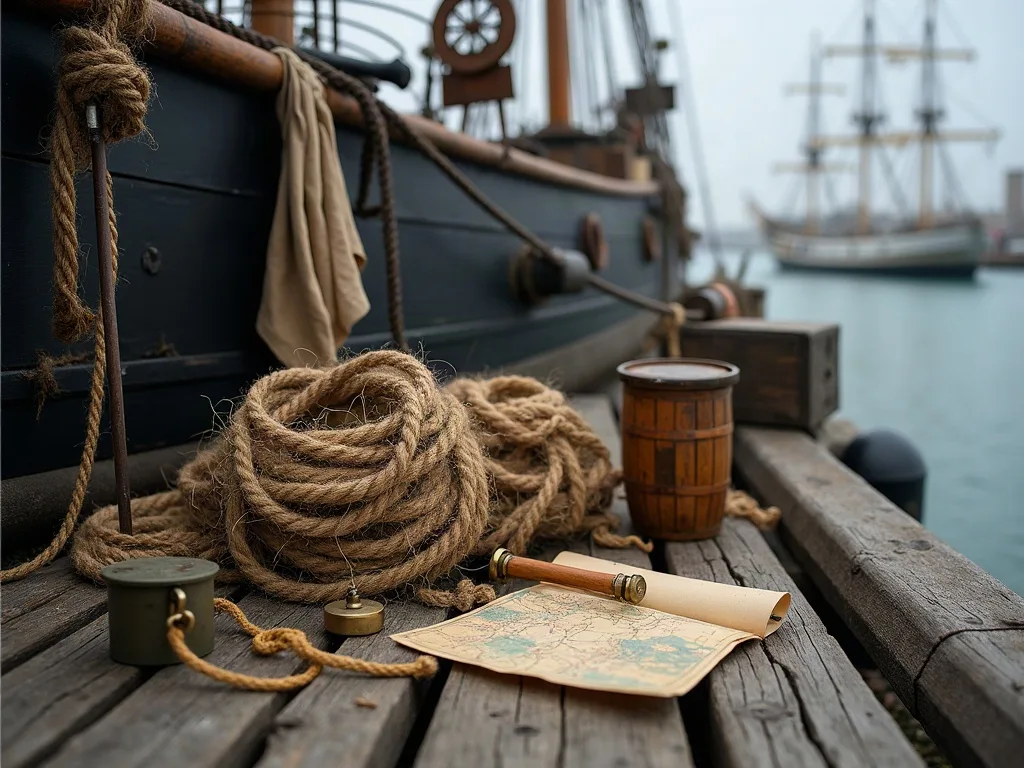 Cordage de chanvre lové, longue-vue, carte marine et petit baril sur les planches usées d'un quai, voiliers amarrés au fond.