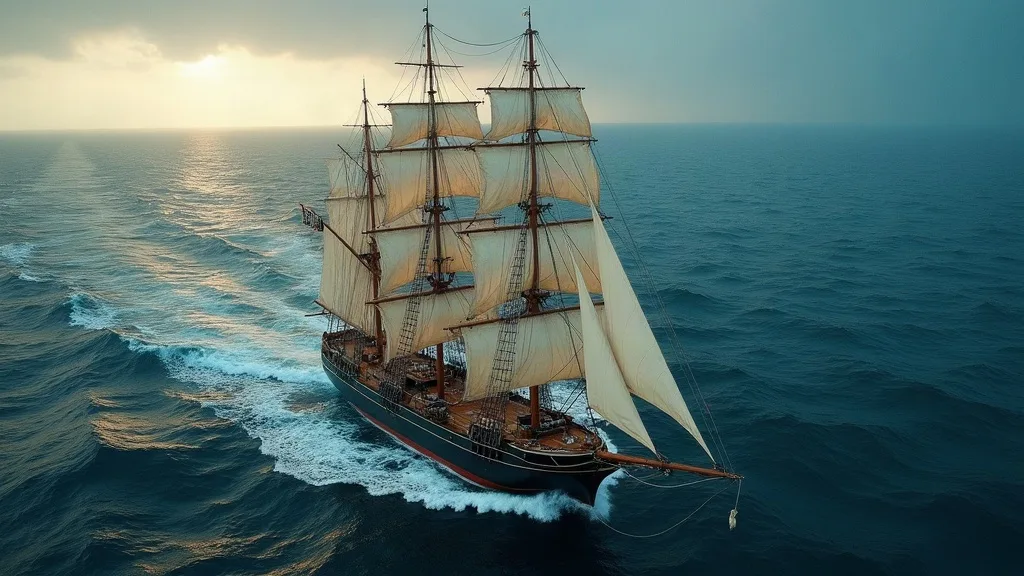 Voilier traditionnel aux voiles blanches déployées naviguant sur l'océan agité sous la lumière dorée du coucher de soleil.