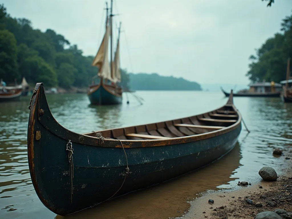 Pirogue en bois à coque sombre échouée sur la berge boueuse, voilier mouillé au large sous ciel couvert.