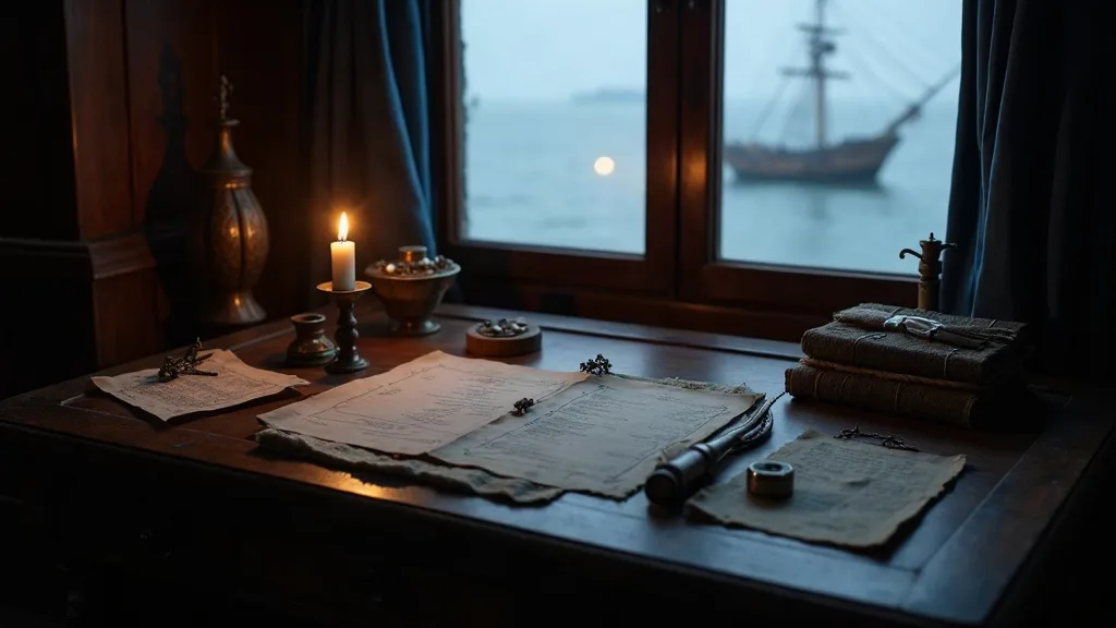 Bureau ancien avec cartes, chandelle allumée et navire visible par la fenêtre donnant sur la mer.
