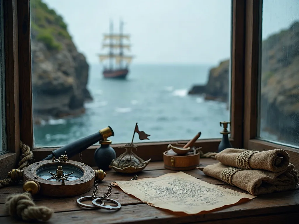 Compass, maps and maritime instruments on a wooden desk overlooking a sailing ship anchored in rocky cove.