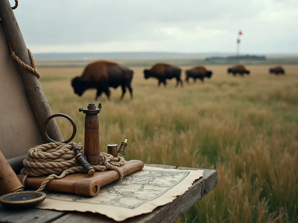 Longue-vue, cordage, boussole et carte usée posés sur des planches, face aux bisons paissant dans la prairie.