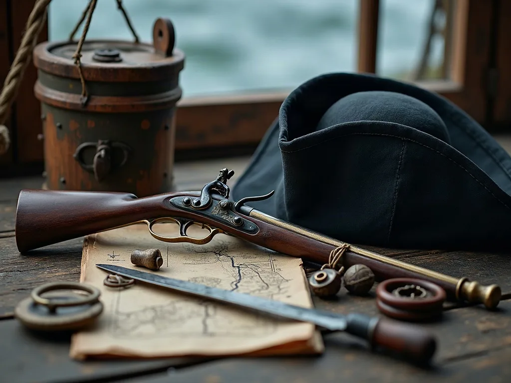 Pistolet à silex, coutelas, bicorne noir et carte marine posés sur les planches usées d'un pont.