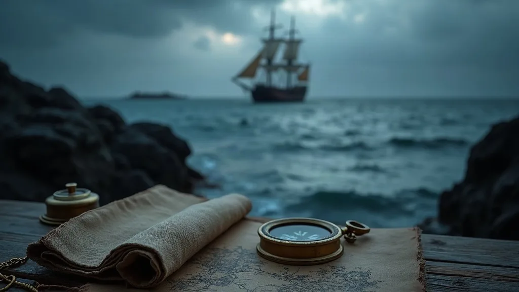 Compass et carte maritime posés sur bois face à un navire à voiles dans une mer agitée sous ciel orageux.