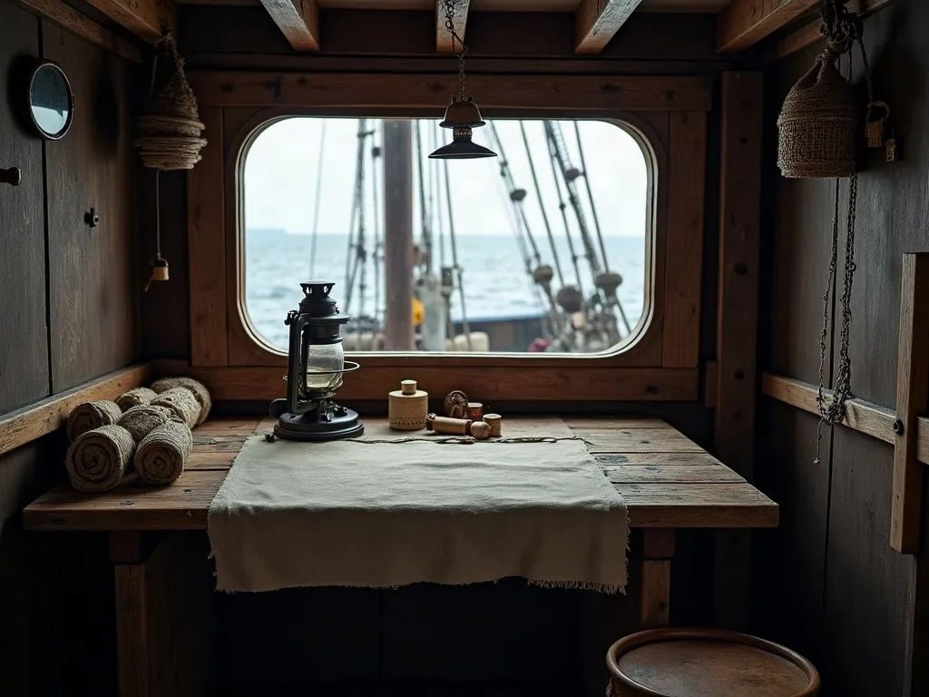 Le carré aménagé en poste de soins: toile écrue sur table de bois, fanal à pétrole et rouleaux de bandes, face au hublot ouvert sur le gréement.