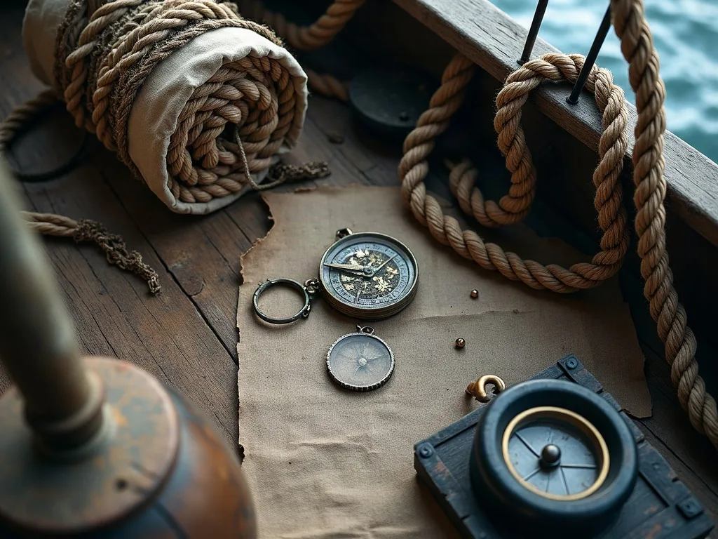 Compas et instruments de navigation posés sur le pont en bois d'un navire, entourés de cordages enroulés.