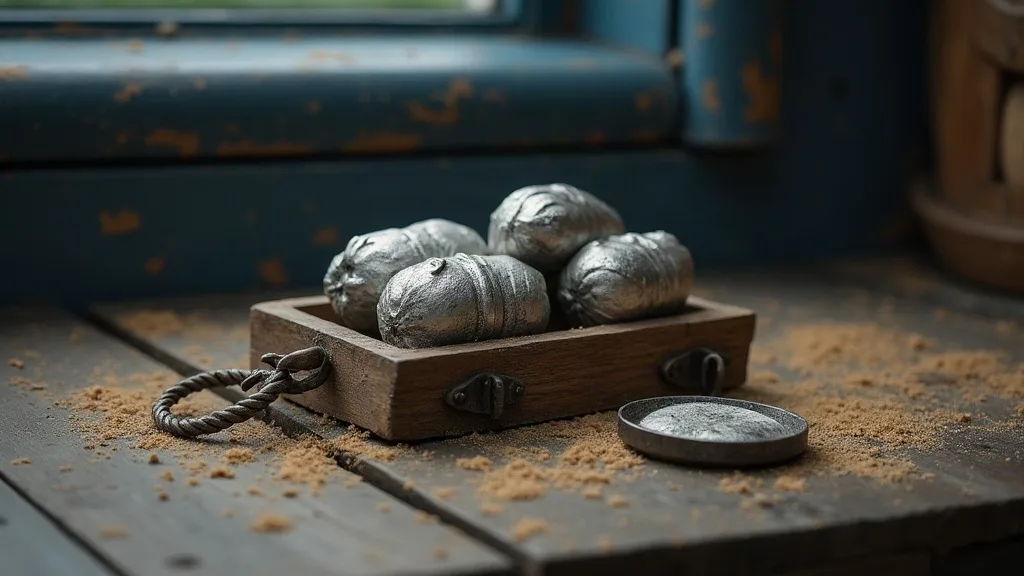 Petits lingots d'argent ternis dans une caisse en bois cerclée de fer, sur des planches poudrées de sable.