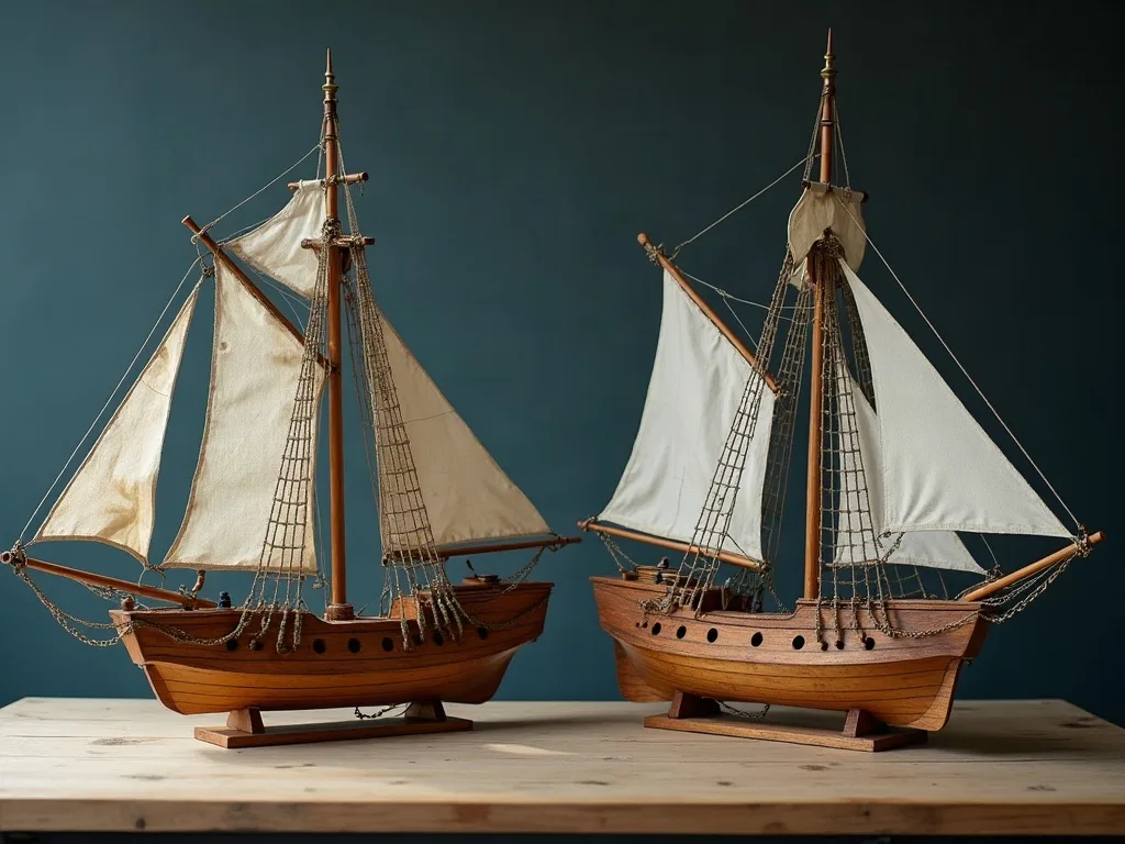 Deux maquettes de voiliers en bois sur socle, l'une à un mât, l'autre à deux, voiles auriques écrues.