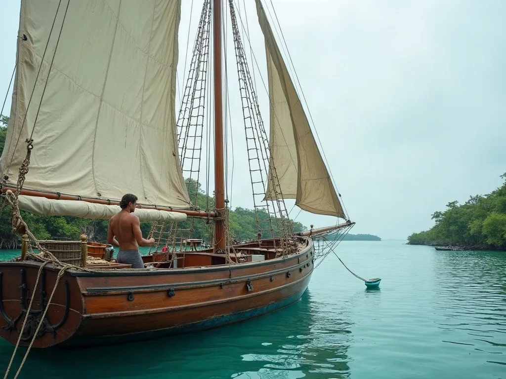 Sloop en bois à mât unique, grand-voile et foc hissés, mouillé sur fond turquoise devant la mangrove.
