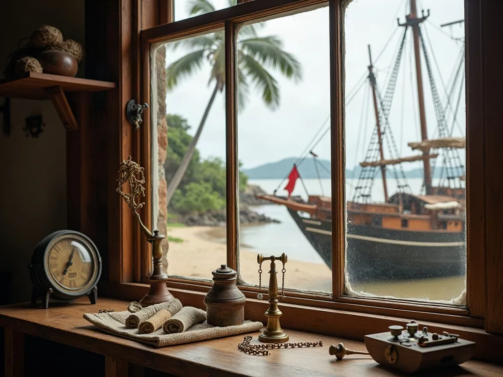 Derrière la vitre piquée d'un rebord en bois, un voilier gréé mouille près d'une plage bordée de palmiers, objets de laiton et rouleaux de toile posés au premier plan.