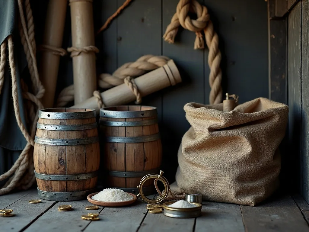 Deux barils cerclés de métal, sac de jute rempli de sucre, cordages goudronnés et toile roulée sur le plancher d'une cale.