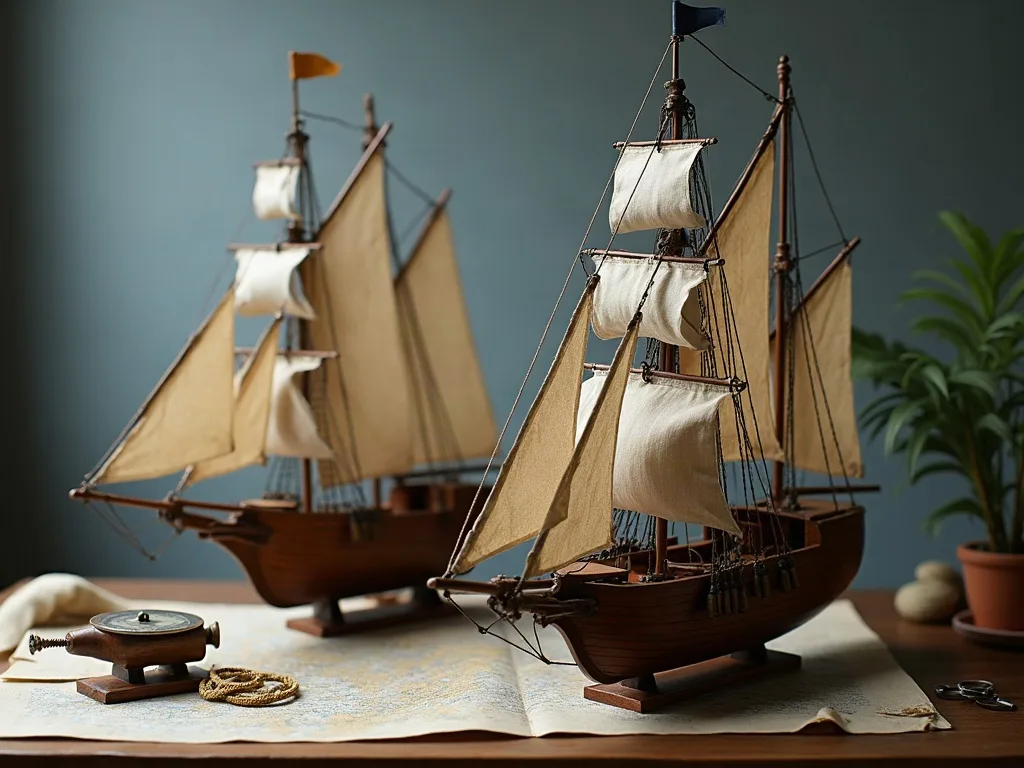 Deux maquettes de voiliers en bois aux voiles de toile, posées sur une carte marine près d'un compas de navigation.