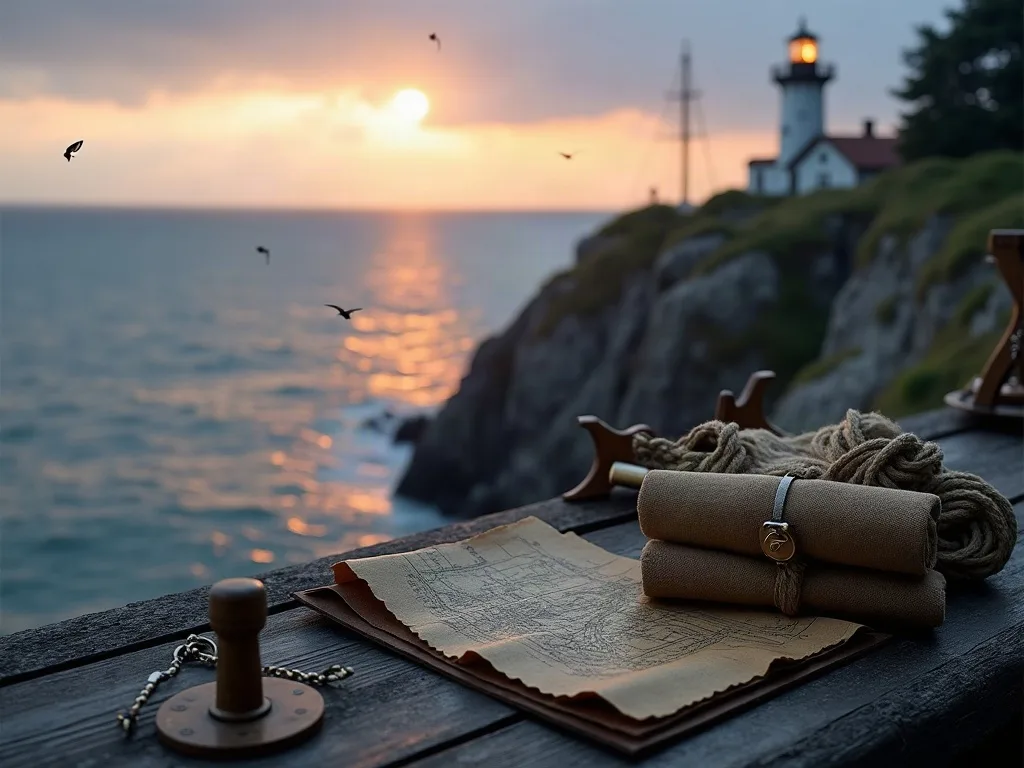 Cartes marines et cordage sur un ponton face au phare côtier au coucher du soleil.