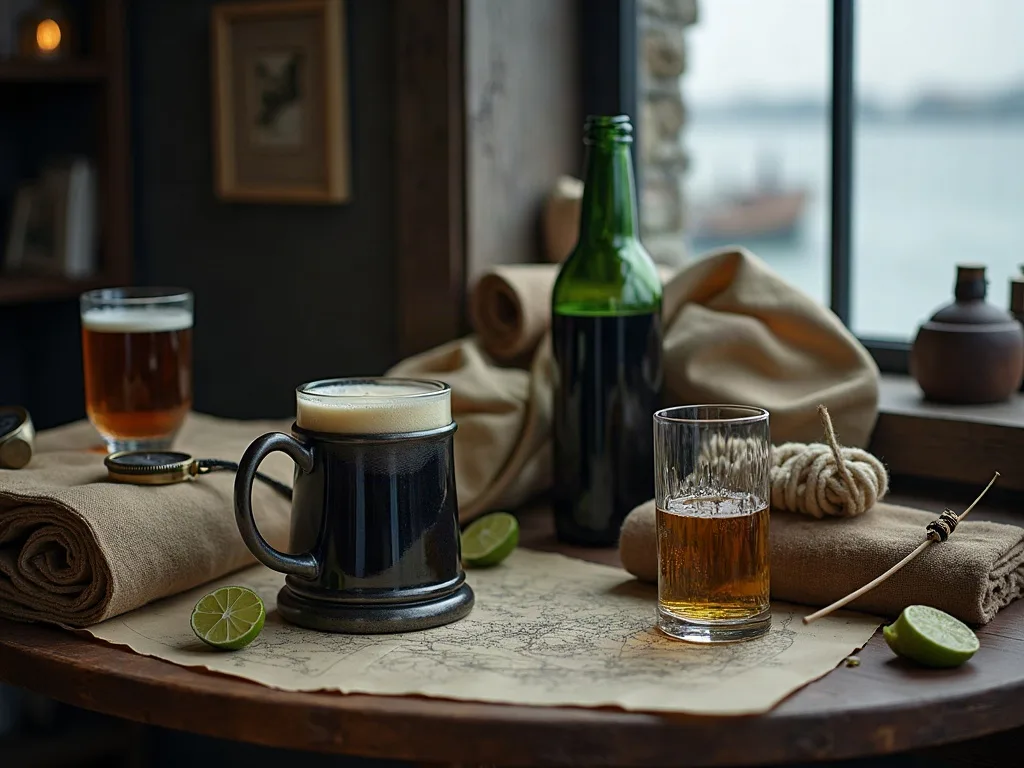 Chope d'étain, bouteille de verre vert et verre de rhum coupé avec un demi-citron vert, sur une carte marine près d'une fenêtre donnant sur le port.
