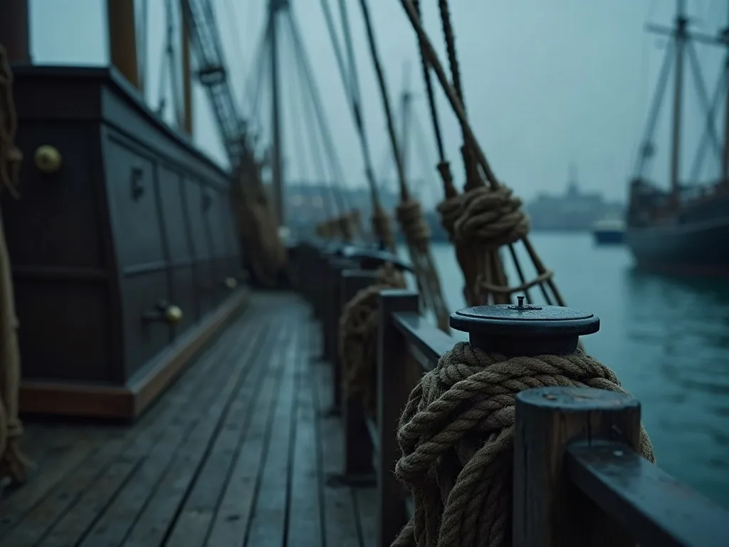 Cordage enroulé autour d'une bitte d'amarrage en bois sur le pont d'un voilier au crépuscule, avec gréement et autres navires en arrière-plan.