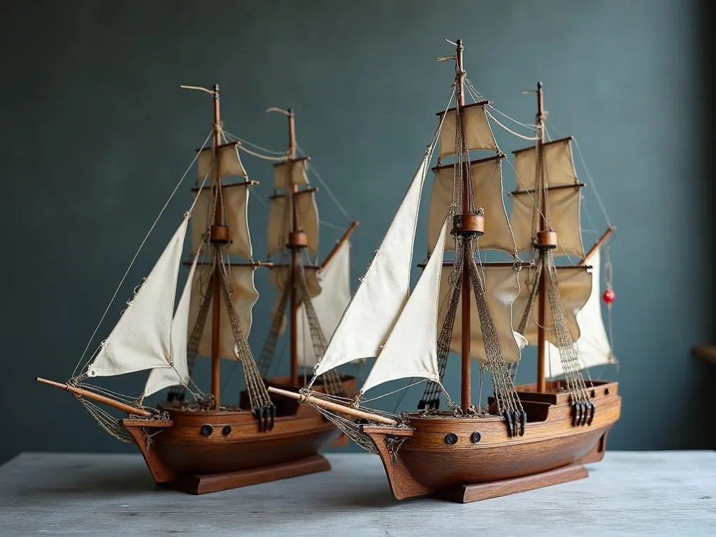 Deux maquettes en bois de voiliers gréés, voiles de toile écrue et haubans, posées sur un plan gris en studio.