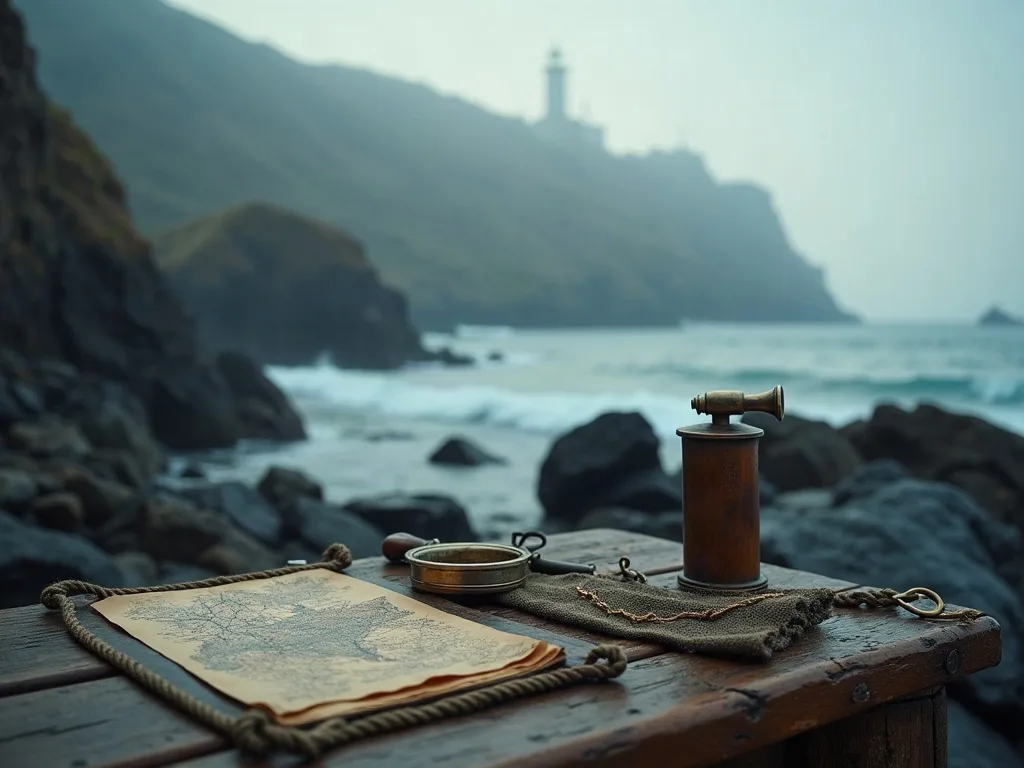 Carte marine, boussole et longue-vue sur une table en bois face à la côte rocheuse et au phare au loin.