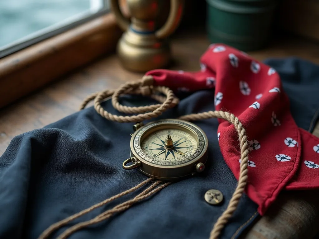 Compas en laiton, cordage de chanvre et bandana rouge posés sur une toile bleu marine froissée, près d'une fenêtre.