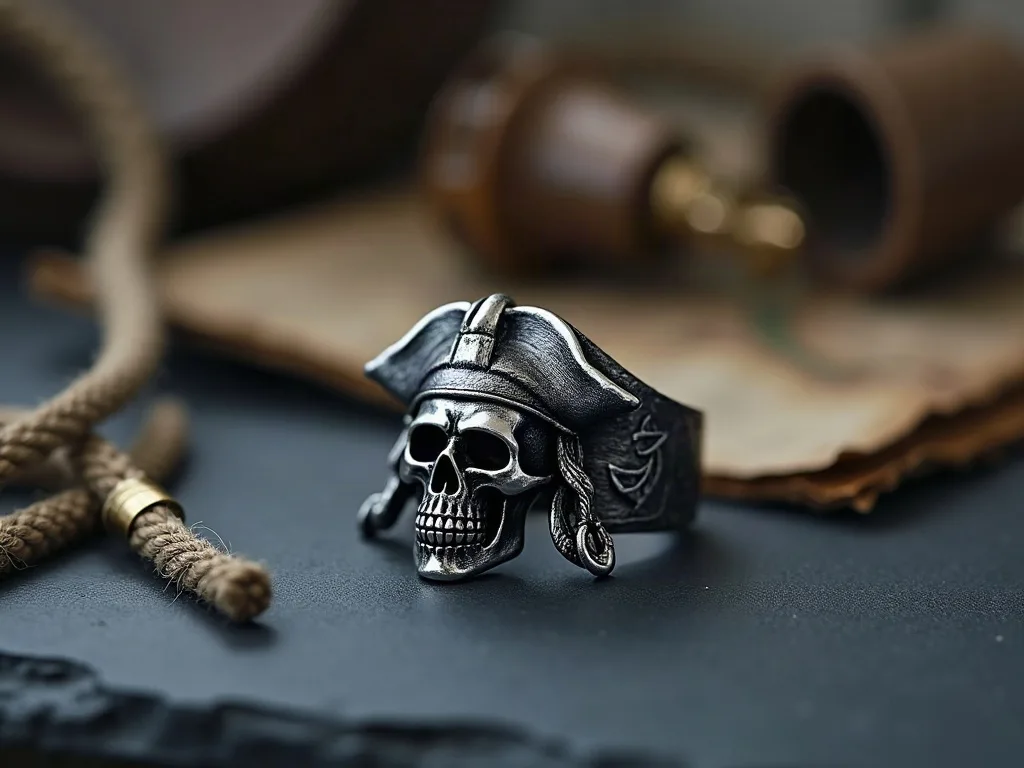 Bague en argent patiné, crâne coiffé d'un tricorne, posée sur ardoise sombre près d'un cordage.
