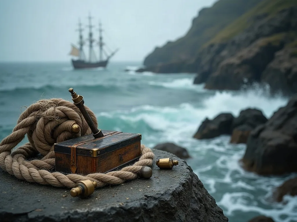 Cordage usé et coffre en bois sur roche côtière face à un voilier ancien en mer.