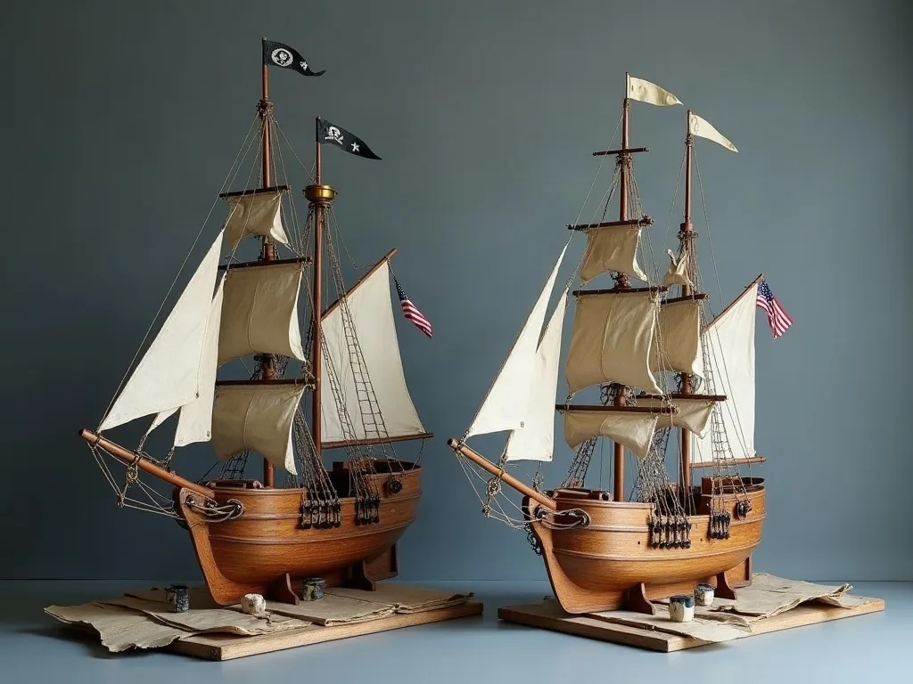 Deux maquettes de voiliers en bois gréées de voiles en toile, avec pavillons noirs et affûts de canons, sur socles.
