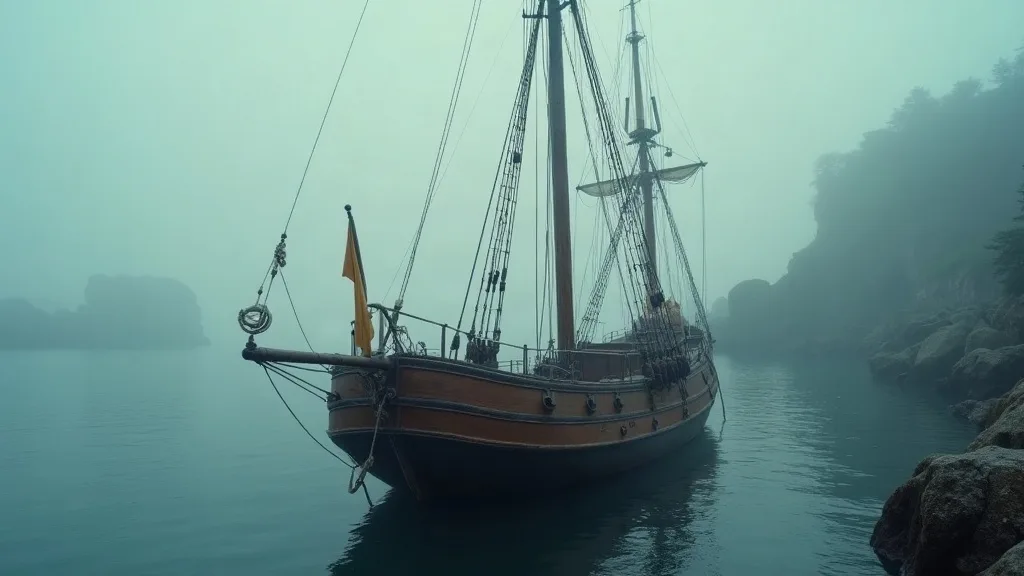 Voilier à fond plat ancré dans une baie brumeuse, entouré de rochers et enveloppé de brouillard côtier.