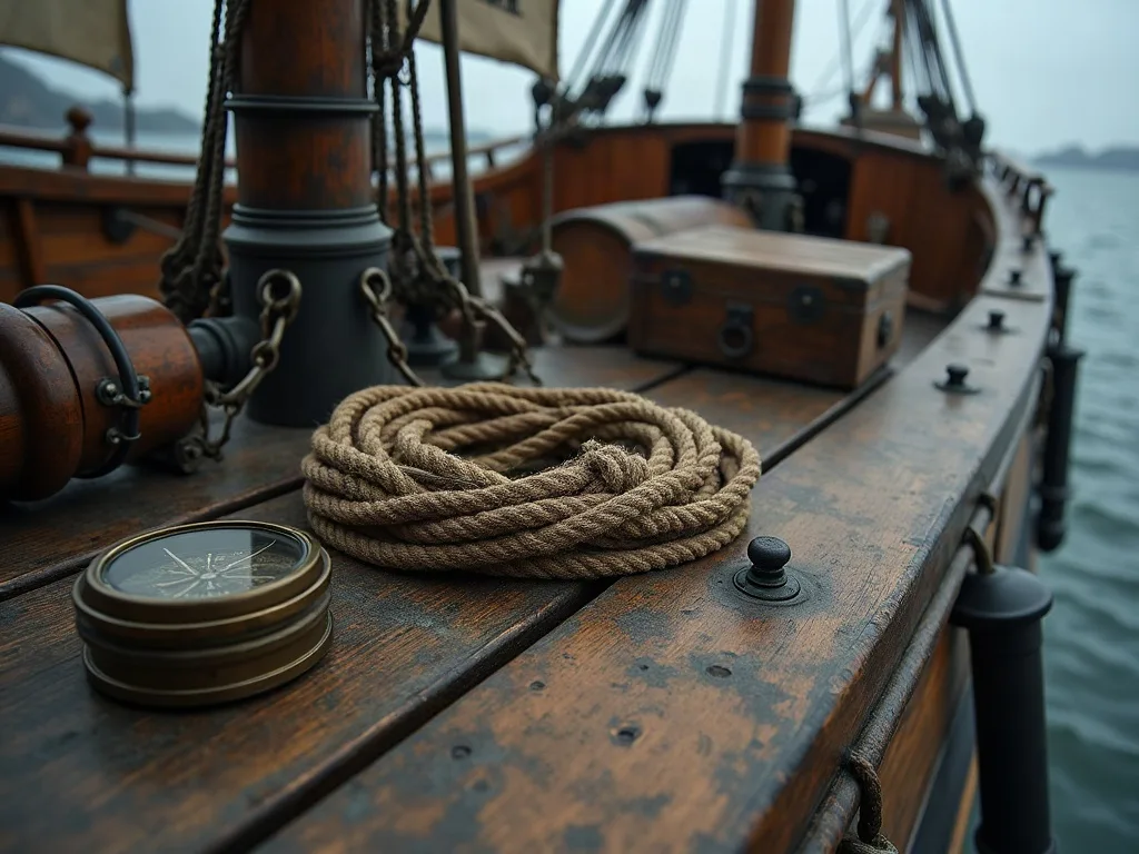 Cordage enroulé, boussole et chaînes sur le pont en bois usé d'un navire ancien.