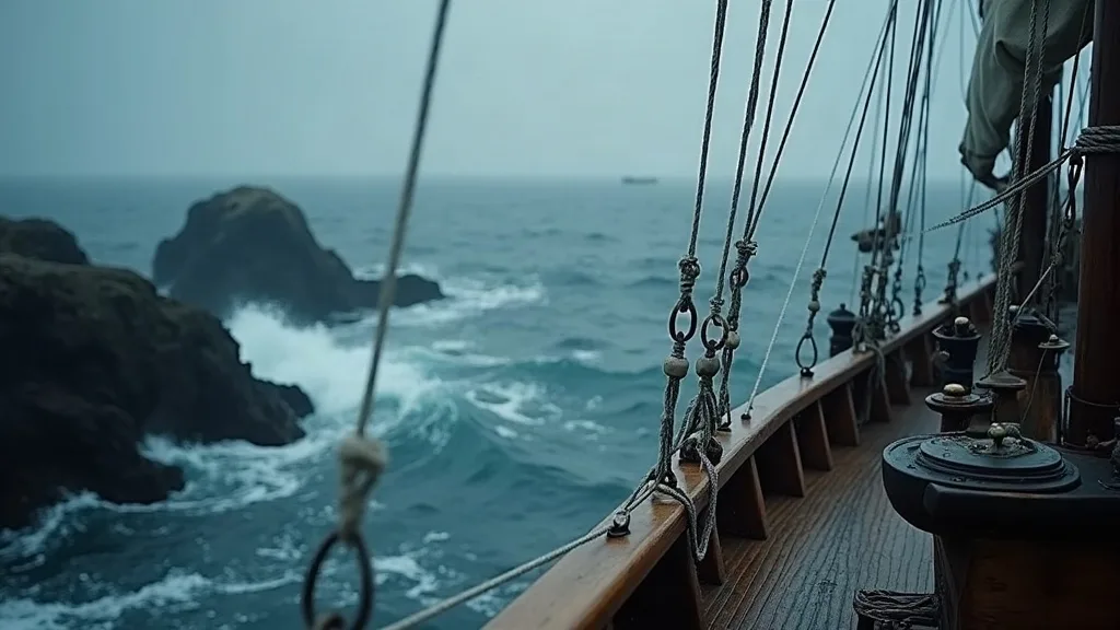 Cordages et poulies d'un navire face à une mer agitée et des rochers noirs sur la côte.